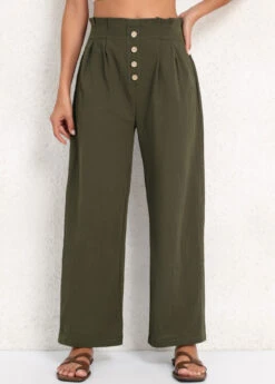 High Waisted Button Olive Green Elastic Waist Pants