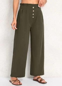 High Waisted Button Olive Green Elastic Waist Pants -Rosewe Promotion Store 339219 P 16920054176753