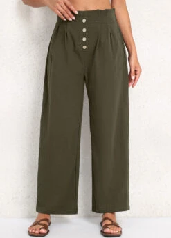 High Waisted Button Olive Green Elastic Waist Pants -Rosewe Promotion Store 339219 P 16920054177912