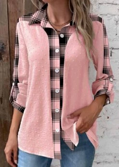 Striped Patchwork Pink Shirt Collar Long Sleeve Blouse