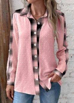 Striped Patchwork Pink Shirt Collar Long Sleeve Blouse -Rosewe Promotion Store 339225 P 1691974559181