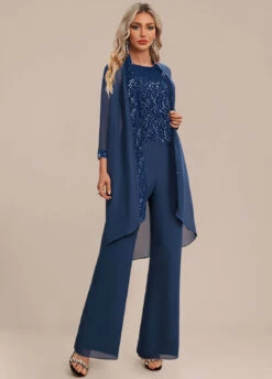 Patchwork Long Round Neck Sleeveless Navy Jumpsuit And Cardigan