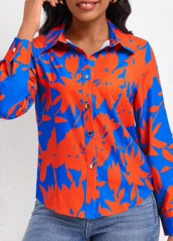 Leaf Print Button Sky Blue Shirt Collar Blouse 9 Leaf Print Button Sky Blue Shirt Collar Blouse -Rosewe Promotion Store 339279 P 16922346243182