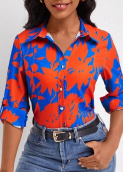 Leaf Print Button Sky Blue Shirt Collar Blouse 10 Leaf Print Button Sky Blue Shirt Collar Blouse -Rosewe Promotion Store 339279 P 16922346244213