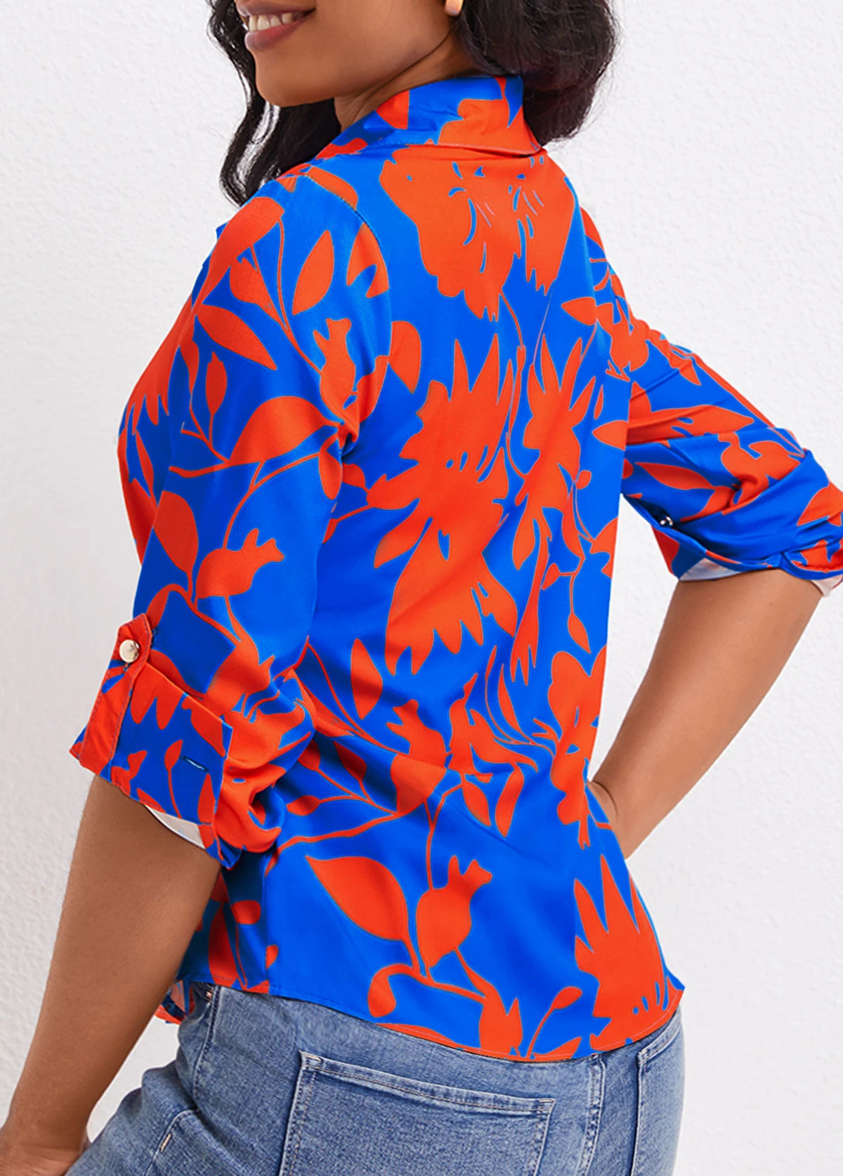 Leaf Print Button Sky Blue Shirt Collar Blouse 4 Leaf Print Button Sky Blue Shirt Collar Blouse - Image 2