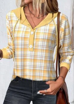 Plaid Patchwork Yellow Long Sleeve Hoodie 10 Plaid Patchwork Yellow Long Sleeve Hoodie -Rosewe Promotion Store 339325 P 1693558847868