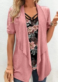 Random Floral Print Fake 2in1 Pink T Shirt -Rosewe Promotion Store 339331 P 1694055053330