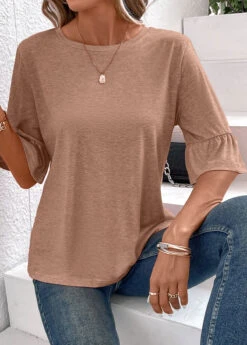 Light Camel Round Neck Button T Shirt -Rosewe Promotion Store 339340 P 16908908106244