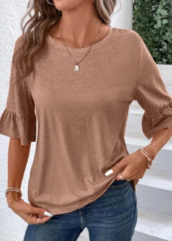 Light Camel Round Neck Button T Shirt -Rosewe Promotion Store 339340 P 16908908109762