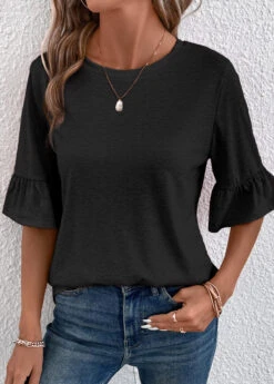 Button Round Neck Half Sleeve Black T Shirt -Rosewe Promotion Store 339342 P 16908908080343