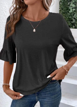 Button Round Neck Half Sleeve Black T Shirt -Rosewe Promotion Store 339342 P 16908908085282