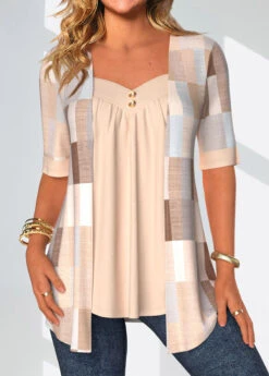 Plus Size Beige Patchwork Geometric Print Blouse
