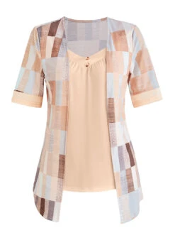 Plus Size Beige Patchwork Geometric Print Blouse -Rosewe Promotion Store 339395 P 1694758535405