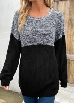 Long Sleeve Patchwork Dark Grey Round Neck Sweater