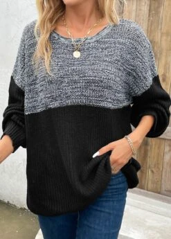 Long Sleeve Patchwork Dark Grey Round Neck Sweater -Rosewe Promotion Store 339469 P 16932197206120