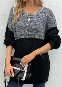 Long Sleeve Patchwork Dark Grey Round Neck Sweater -Rosewe Promotion Store 339469 P 16932197206464
