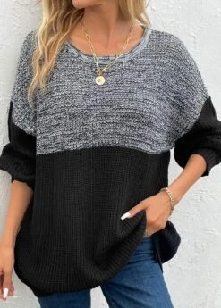Long Sleeve Patchwork Dark Grey Round Neck Sweater -Rosewe Promotion Store 339469 P 16932197209463