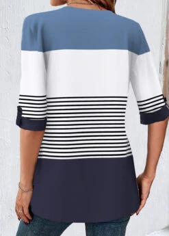 Striped Patchwork Navy Square Neck T Shirt -Rosewe Promotion Store 339510 P 1693460830484