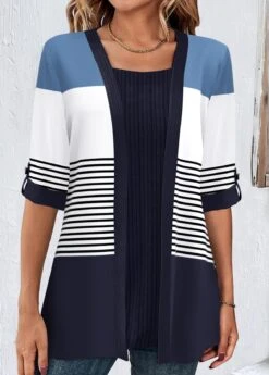 Striped Patchwork Navy Square Neck T Shirt -Rosewe Promotion Store 339510 P 1693460830494