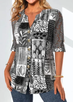Leaf Print Lace Dark Grey Split Neck Blouse -Rosewe Promotion Store 339528 P 1694740920174