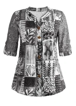 Leaf Print Lace Dark Grey Split Neck Blouse -Rosewe Promotion Store 339528 P 1694740920452