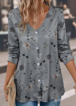 Floral Print Button Grey V Neck Blouse -Rosewe Promotion Store 339583 P 16927993002493