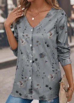 Floral Print Button Grey V Neck Blouse -Rosewe Promotion Store 339583 P 16927993003822