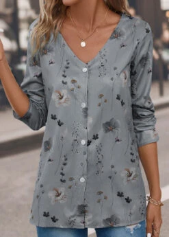 Floral Print Button Grey V Neck Blouse -Rosewe Promotion Store 339583 P 16927993005624