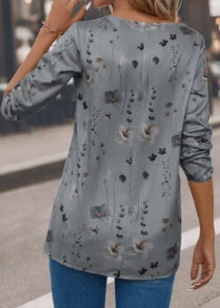 Floral Print Button Grey V Neck Blouse -Rosewe Promotion Store 339583 P 16927993006621