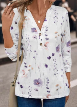 Floral Print Button White Split Neck T Shirt -Rosewe Promotion Store 339585 P 16947410556412