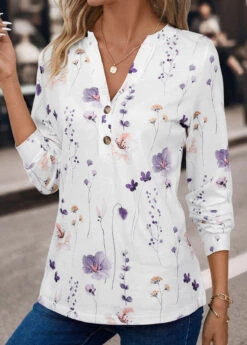 Floral Print Button White Split Neck T Shirt -Rosewe Promotion Store 339585 P 16947410558964