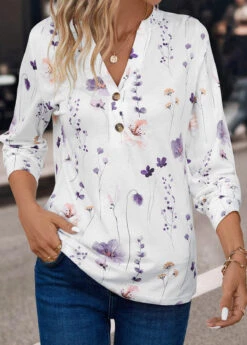 Floral Print Button White Split Neck T Shirt -Rosewe Promotion Store 339585 P 16947410559653