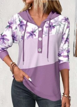 Floral Print Patchwork Light Purple Long Sleeve Hoodie