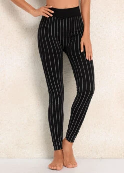Striped Black Elastic Waist High Waisted Leggings -Rosewe Promotion Store 339603 P 16920130880742