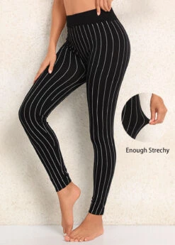 Striped Black Elastic Waist High Waisted Leggings