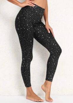 Black Elastic Waist High Waisted Hot Stamping Leggings -Rosewe Promotion Store 339609 P 16920053983972