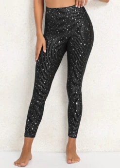 Black Elastic Waist High Waisted Hot Stamping Leggings -Rosewe Promotion Store 339609 P 16920053985944