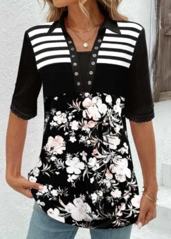 Floral Print Patchwork Black Half Sleeve T Shirt -Rosewe Promotion Store 339634 P 1691976294925