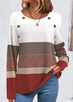 Plus Size Wine Red Patchwork Geometric Print Sweatshirt