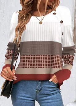 Geometric Print Patchwork Wine Red Round Neck Sweatshirt -Rosewe Promotion Store 339637 P 1694677346297 1