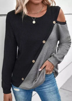 Patchwork Round Neck Long Sleeve Black Sweatshirt