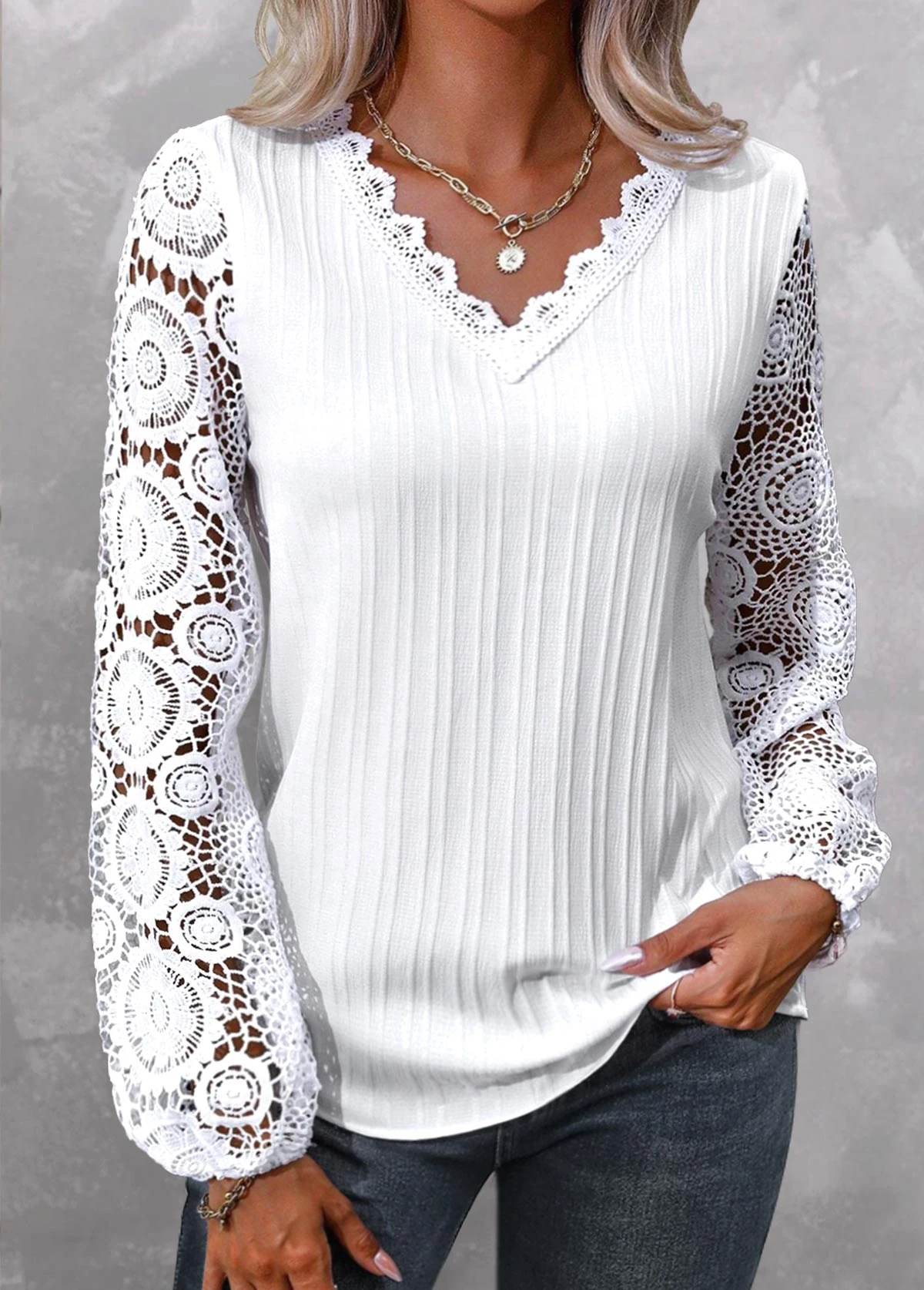 Lace V Neck Long Sleeve White Blouse 3 Lace V Neck Long Sleeve White Blouse
