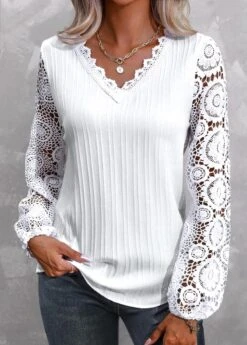 Lace V Neck Long Sleeve White Blouse 7 Lace V Neck Long Sleeve White Blouse -Rosewe Promotion Store 339664 P 1691051840365