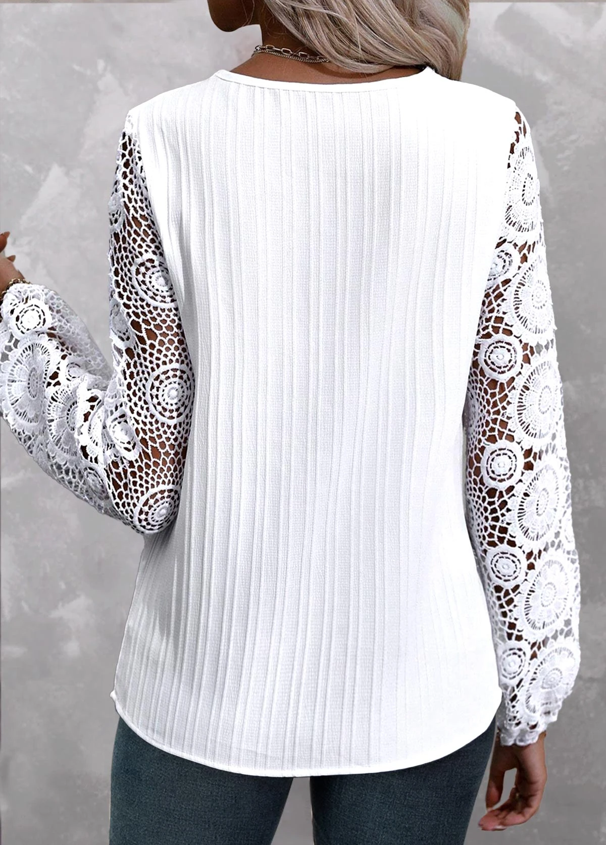 Lace V Neck Long Sleeve White Blouse 4 Lace V Neck Long Sleeve White Blouse - Image 2