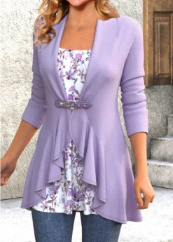 Floral Print Ruffle Light Purple T Shirt -Rosewe Promotion Store 339668 P 1692670018849