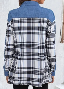 Plaid Patchwork Denim Blue Shirt Collar Blouse -Rosewe Promotion Store 339739 P 1692580939183 1