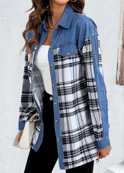 Plus Size Denim Blue Patchwork Plaid Blouse -Rosewe Promotion Store 339739 P 1692580939716