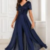 Sequin Long V Neck Short Sleeve Navy Jumpsuit -Rosewe Promotion Store 339805 P 1695002793666