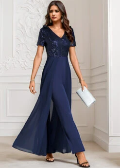 Sequin Long V Neck Short Sleeve Navy Jumpsuit -Rosewe Promotion Store 339805 P 1695002794413