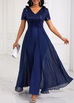 Sequin Long V Neck Short Sleeve Navy Jumpsuit -Rosewe Promotion Store 339805 P 1695002794572